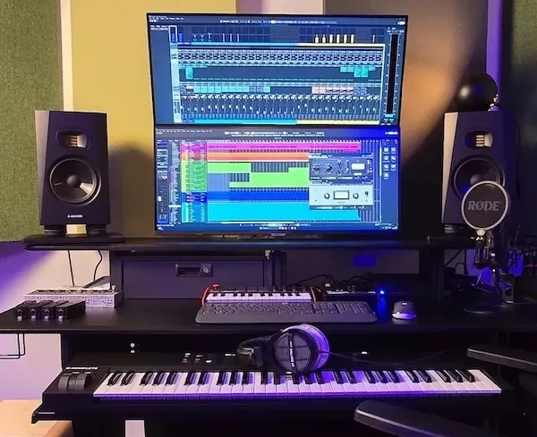 Guitars and drums in drop tuning inside a professional rehearsal studio